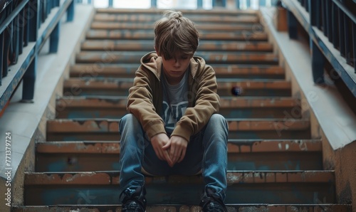 Bullying concept, Depressed boy sitting alone at stairs, Victim of school bullying, Stress and mental problems in childhood, Generative AI photo