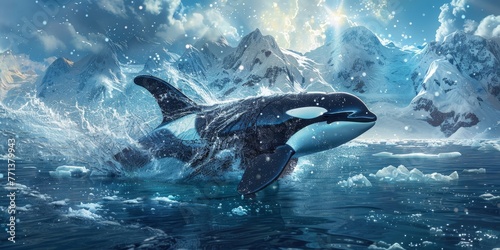 World Oceans Day Save Environment Concept, orca wales jumping out of sea surface, Global warming and preserving life on Earth, The glacier melting and and endangering the wildlife, Generative AI