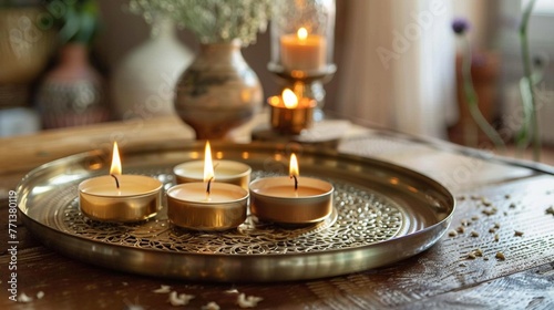 Ornamental brass tray displaying aromatic candles, creating a serene ambiance in the room. © Balqees