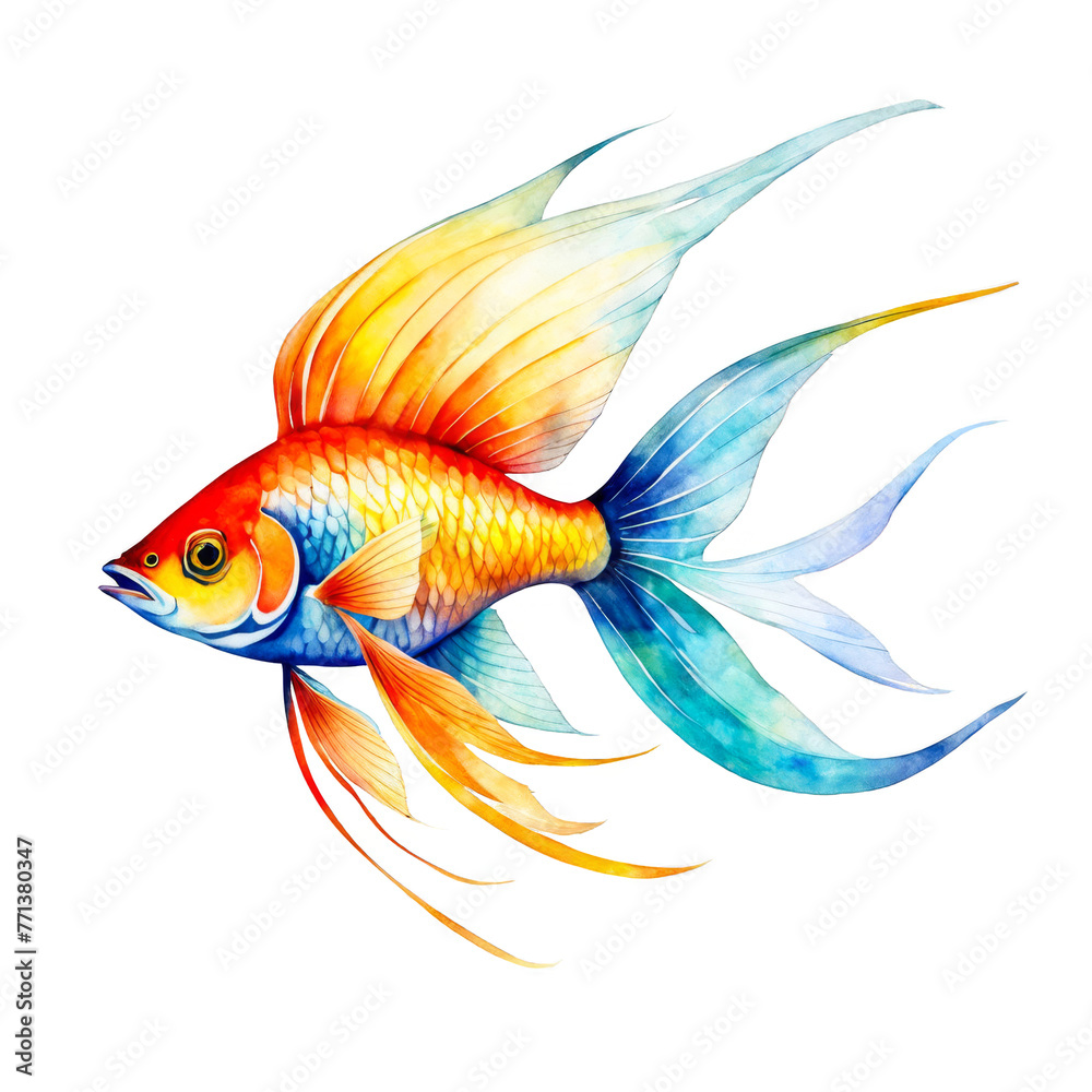 Fototapeta premium A gold fish watercolor illustration, orange flying fish, clipart, for scrapbook, journal, wall art print, kids picture book , cutout on white background