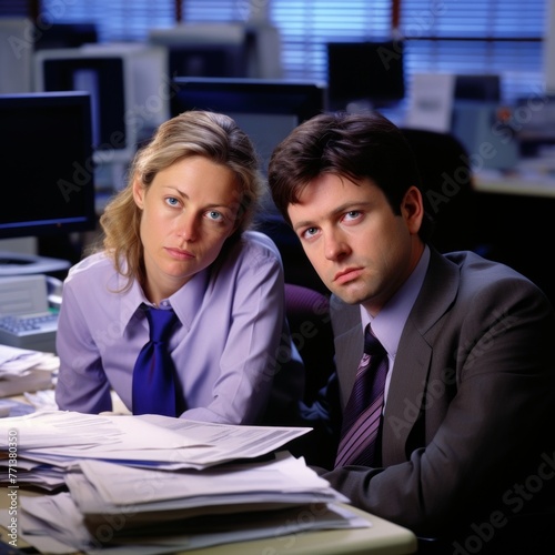 Two serious office workers staring at the camera photo
