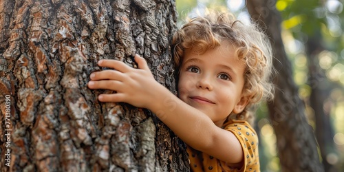 Net zero and carbon neutral concept. Child hugging a tree in the forest. global problem of carbon dioxide and warming. Love of nature. greenhouse gas emissions target Climate neutral, Generative AI
