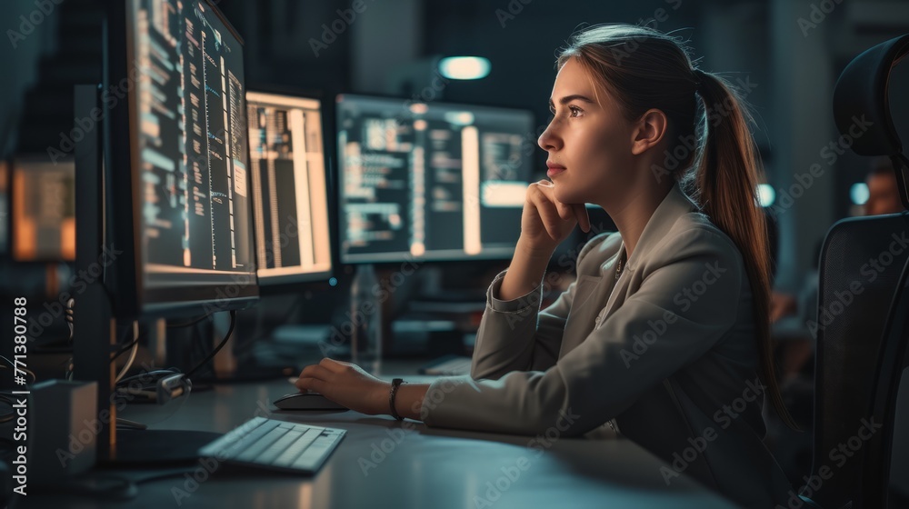A young woman sits at her computer thoughtfully gazing at the code she is writing. She has her hand on her chin and is wearing a suit.