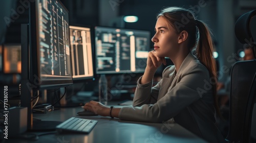 A young woman sits at her computer thoughtfully gazing at the code she is writing. She has her hand on her chin and is wearing a suit.