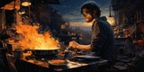 A man is cooking food in a pan with a lot of smoke and fire