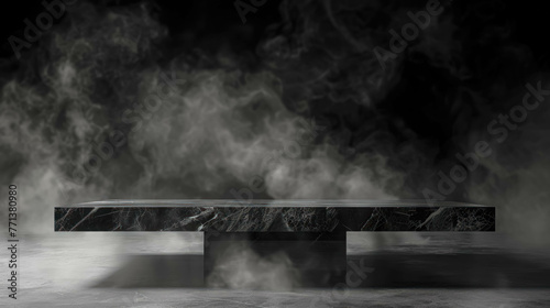 Black Marble Table In A Empty Room With Smoke. Table Template For Presentation Product