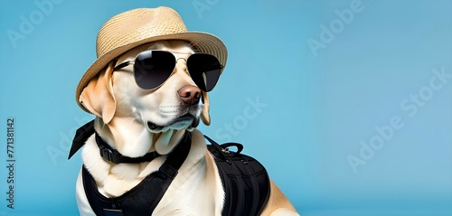labrador retriever dog wearing hat and black sunglass on a light blue background ready for summer holiday vacation © Sanjay