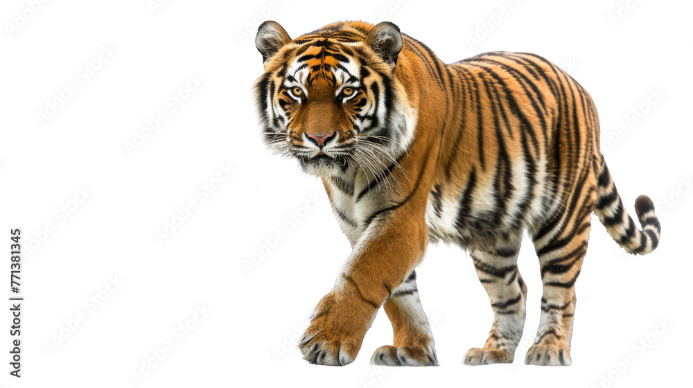 Fototapeta premium Tiger, intensely gazing forward, ready to pounce isolate on transparent background, cutout, png