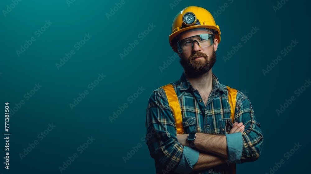 Fototapeta premium Middle-aged miner in a yellow safety helmet and overalls, crossing arms with a stern look against a dark background.