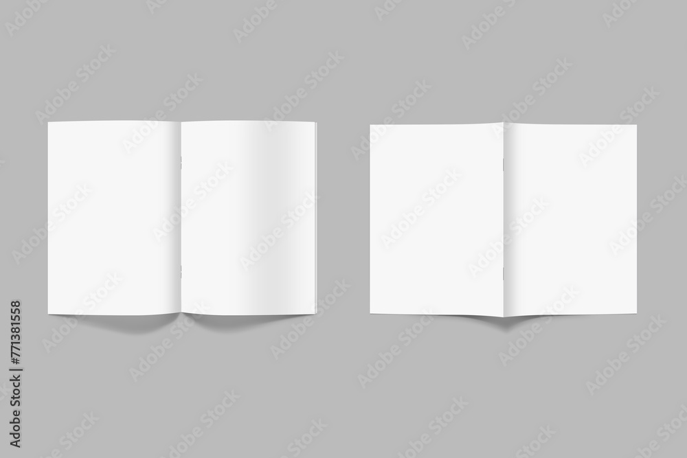 Open white glossy catalog double-page spread with clean blank pages. Magazine cover front and back side mockup isolated on background. 3d rendering.Ready for cover and spread of the magazine design. Open white glossy catalog double-page spread with clean blank pages. Magazine cover front and back side mockup isolated on background. 3d rendering.Ready for cover and spread of the magazine design.