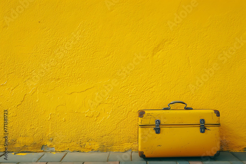 yellow suitcase on a bright yellow wall in the style  a350f4e6-5ef3-40fd-9598-ca8b2a5f05b8 0 photo