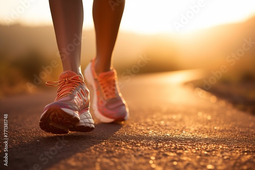 A runner is running on a road at sunset