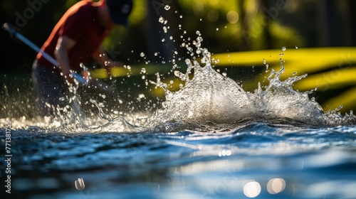 Man playing golf and hitting golf ball into water hazard creating a big splash photo