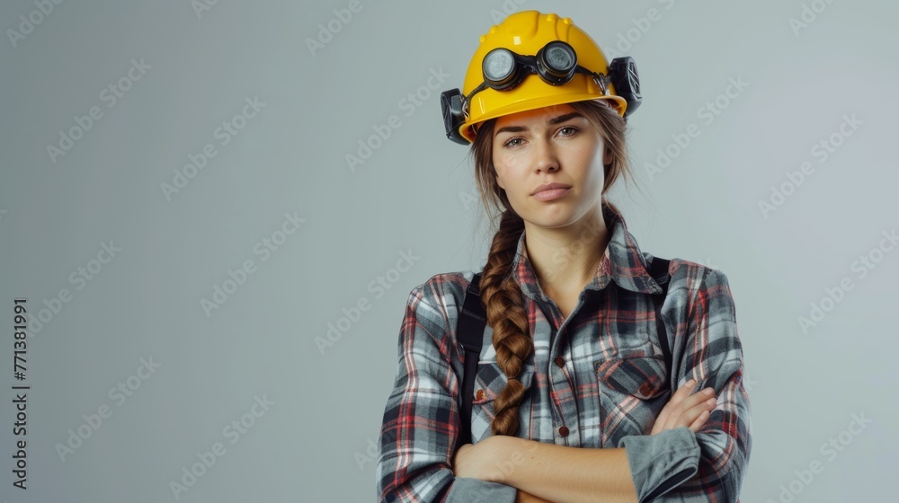 Young female miner in a yellow hard hat and goggles, arms crossed, with a determined expression. Young female miner in a yellow hard hat and goggles, arms crossed, with a determined expression.