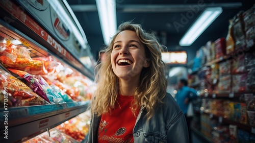 Laughing woman with curly hair in a grocery store