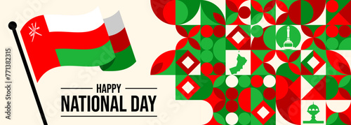 Oman ribbon flag. Bent waving ribbon in colors of the Oman national flag. National flag background.

