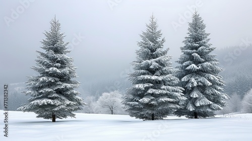 Three snow-covered fir trees stand in a snowy field on a foggy day © Adobe Contributor