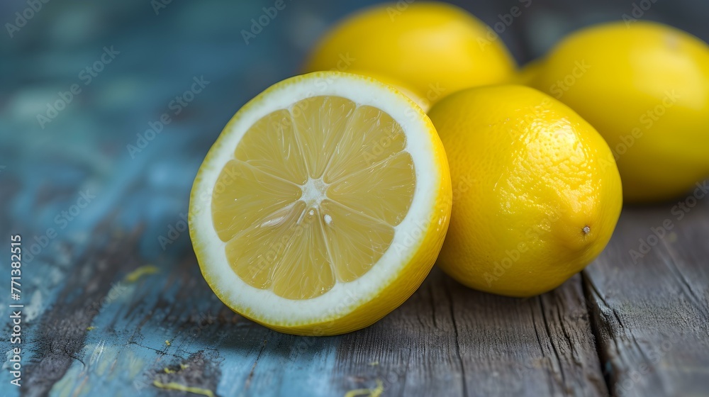 Close up of fresh Lemons on a rustic wooden Table Close up of fresh Lemons on a rustic wooden Table