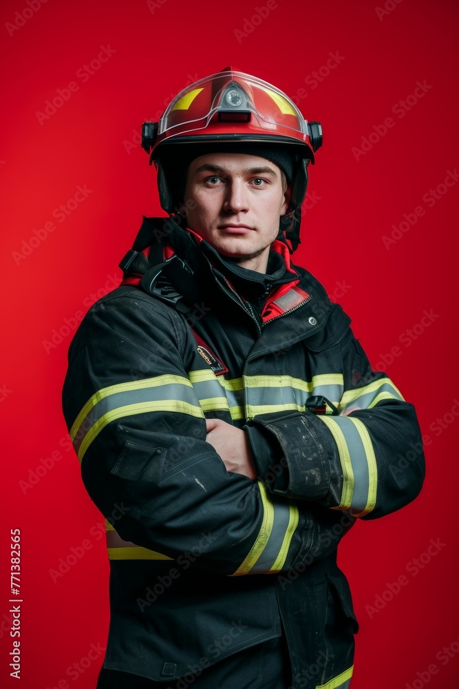 Fototapeta premium Young firefighter in full gear, arms crossed, standing against a vivid red background.