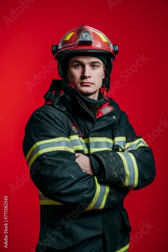 Young firefighter in full gear, arms crossed, standing against a vivid red background.