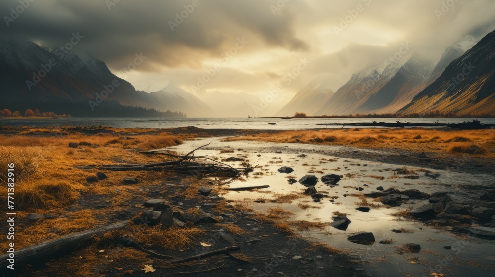 Obraz premium Mountain landscape with river and clouds