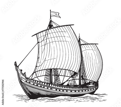 Drakkar Viking ship. Medieval military boat with sails Vintage Vector illustration