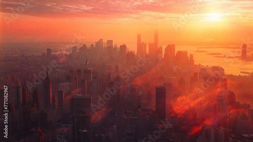 Sun Setting Over Large City