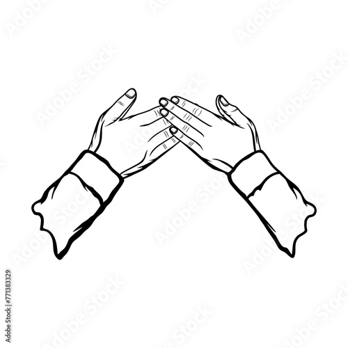 shaking hands with both hands touching to apologize physically and mentally in Islam black and white vector illustration