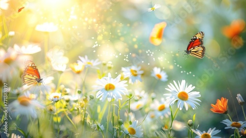 panoramic summer meadow landscape Sunlit field of daisies Chamomile flowers with fluttering butterflies. © JuJamal