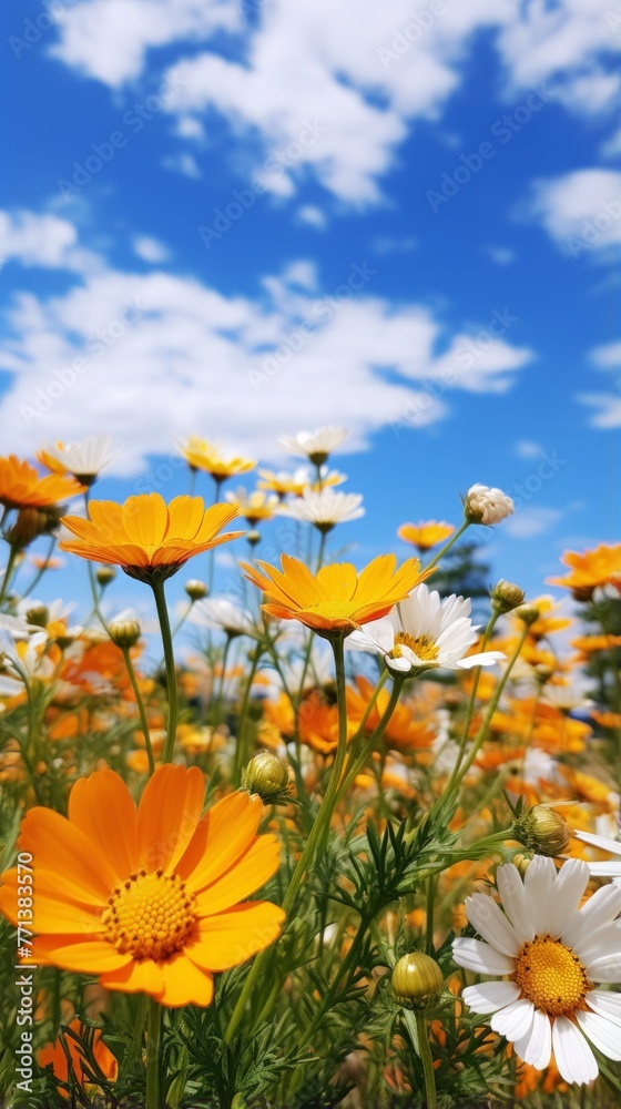 Field of orange and white daisies under blue sky