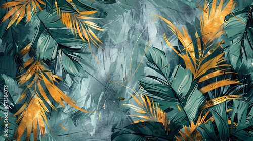 Retro, nostalgic oil canvas with golden brushstrokes. Modern art of floral leaves in green and gray for posters, murals, rugs, and prints.