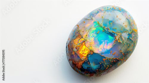 Gemstone, Shiny opal on white background, bright light shiny luxury opal on white background. A close-up of the king of gemstones, a large shiny opal that shines brightly. For Jewelry. 