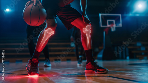 basketball player knee injury during play basketball competition match in stadium, with transparency highlight red bone injury effect, sport physical treatment and healthy concept