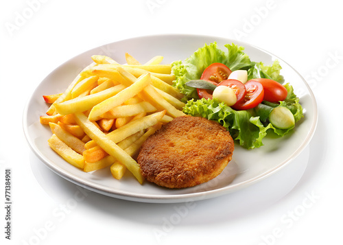 Grilled steak with fries.  White background