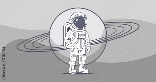 Vector cartoon graphic astronaut in a spacesuit on a background of gray Jupiter. Standing cosmonaut. Science banner.