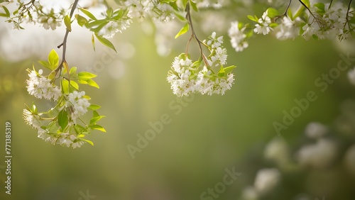 White flowers in spring time with green leaves and blur background