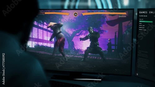 Using magic heroes in the newest versus fighting computer game. Magic fighters hitting each other in the pc game. Magic enemy character defeating the player in the combat fighting simulator game. photo