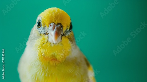 close-up of a canaries on a green background, gazing directly at the camera in a professional photo studio setting. Perfect for a pet shop banner or advertisement