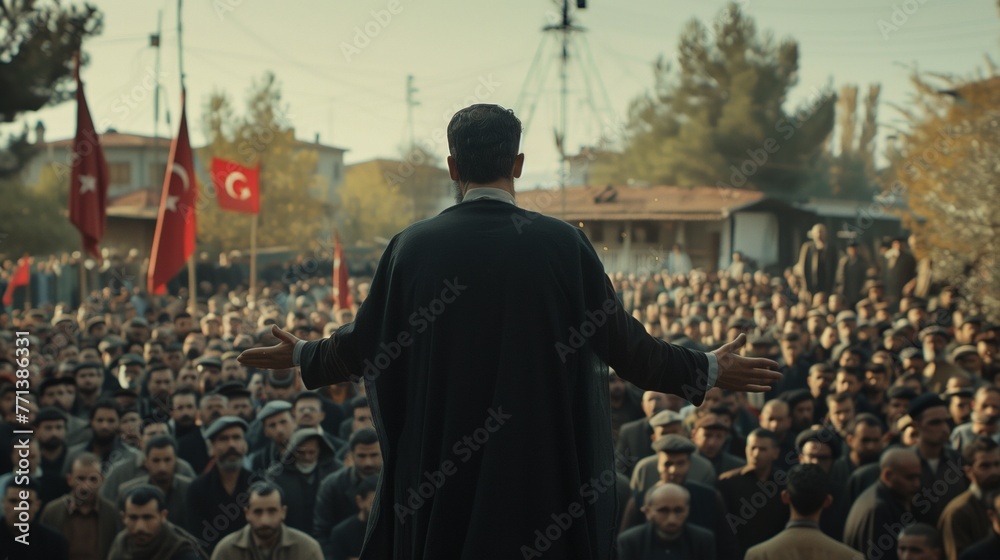 Man performing a speech to a crowd in street - obrazy, fototapety, plakaty 