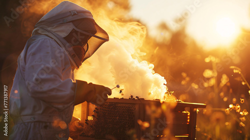 a beekeeper inspecting a frame from a beehive photo