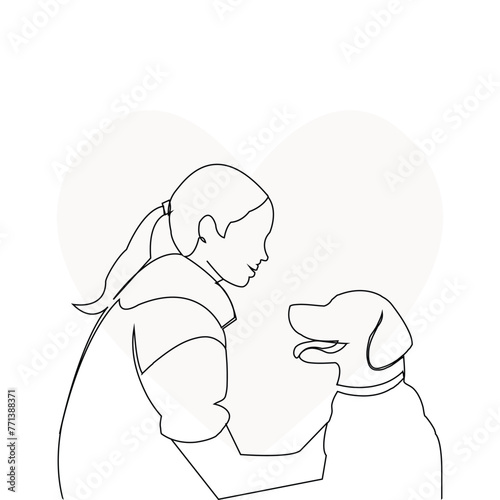 Woman holding her dog continuous outline vector. Pet lover concept.