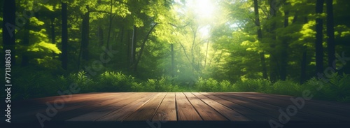 Spring banner with green grass, sunlight and wood floor. Beauty natural background photo