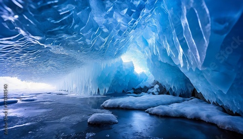 Crystalline ice cave in blue color. Soft glow. View from inside.