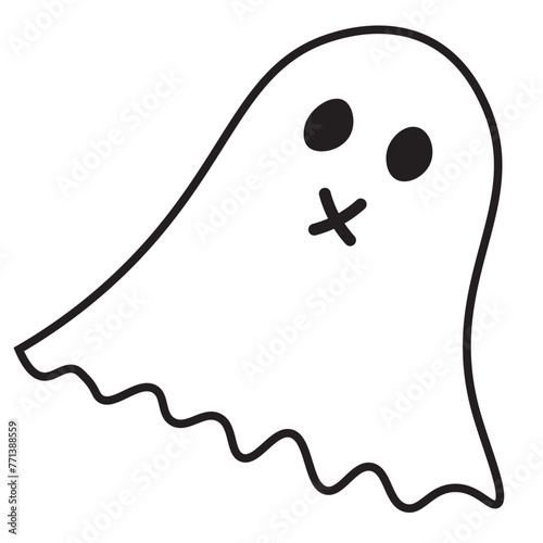 Cute friendly ghost scares kids on Halloween. Vector illustration of a child in funny costume at a party.