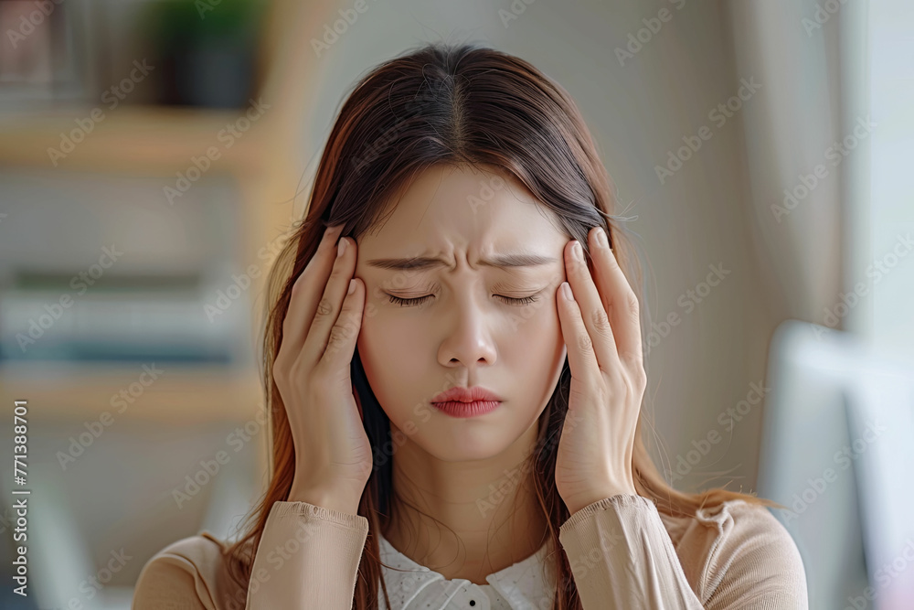 a woman holding her head in her hands a woman holding her head in her hands