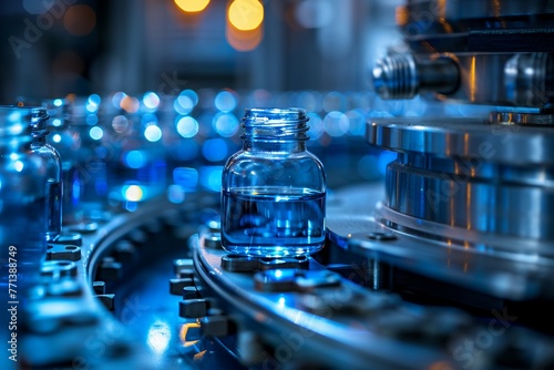 Automated bottling line, closeup, fluid motion for a fastpaced manufacturing background , vibrant