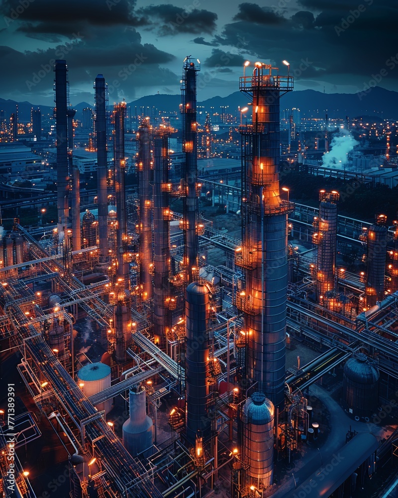 Fototapeta premium Chemical plant at dusk, wide view, glowing reactors for a dynamic manufacturing background , photographic style