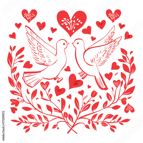 birds and heart. Valentine's Day-themed T-shirt design with hearts, doves, and love colors in a vector illustration.