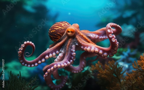 Vibrant octopus captured in its natural aquatic habitat, its tentacles outstretched elegantly amidst the coral