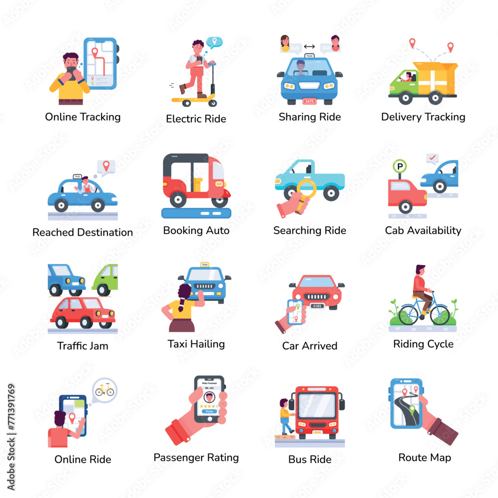 Ride Sharing and Transportation Flat Icons 

